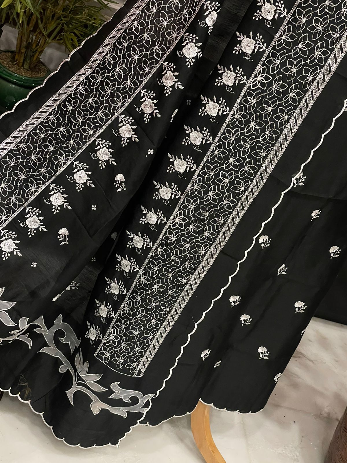 PURE CHANDER SILK PARSI GARA SUIT with Cutwork on width CH5417 Black and white