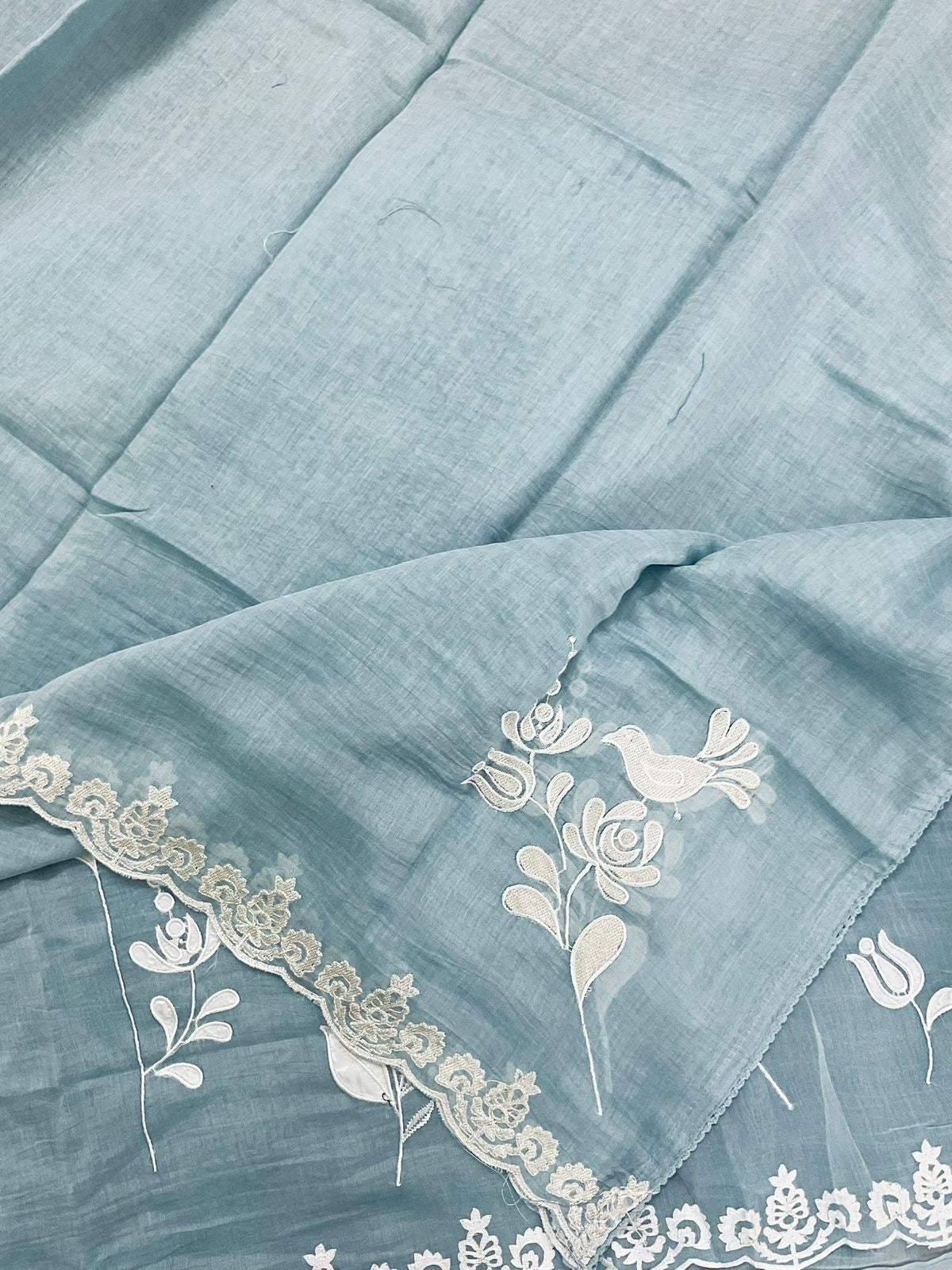 Atharva Heritage/Pure Mul Chanderi Shirt & Dupatta/French Thread Embroidery With Hand Applique /Cotton Silk Bottom/CUT80370 English Blue