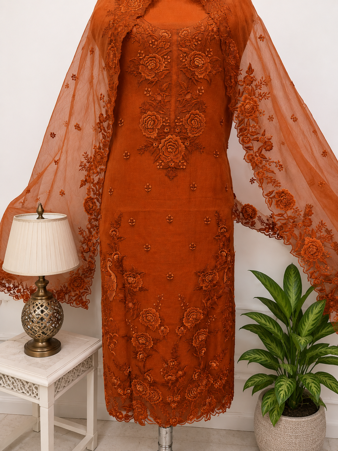 Atharva Heritage Sheer Luxury Pure Silk Organza Parsi Embroidered Monochrome Trousseau Collection unstitched Suit AH1867