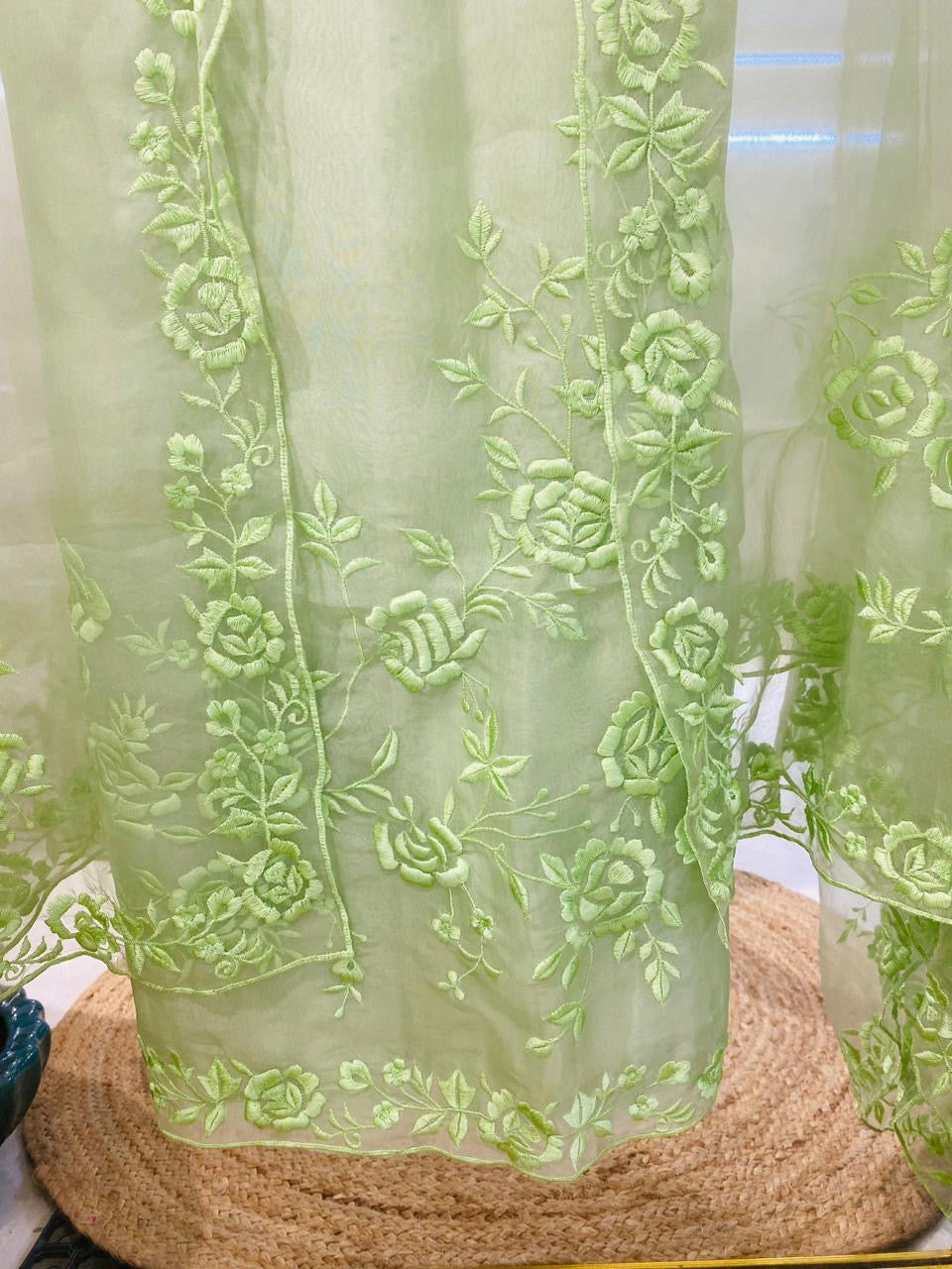 SHEER LUXURY Pure Silk Organza French Thread Embroidery SUIT SHEER007P Pastel Pear Color