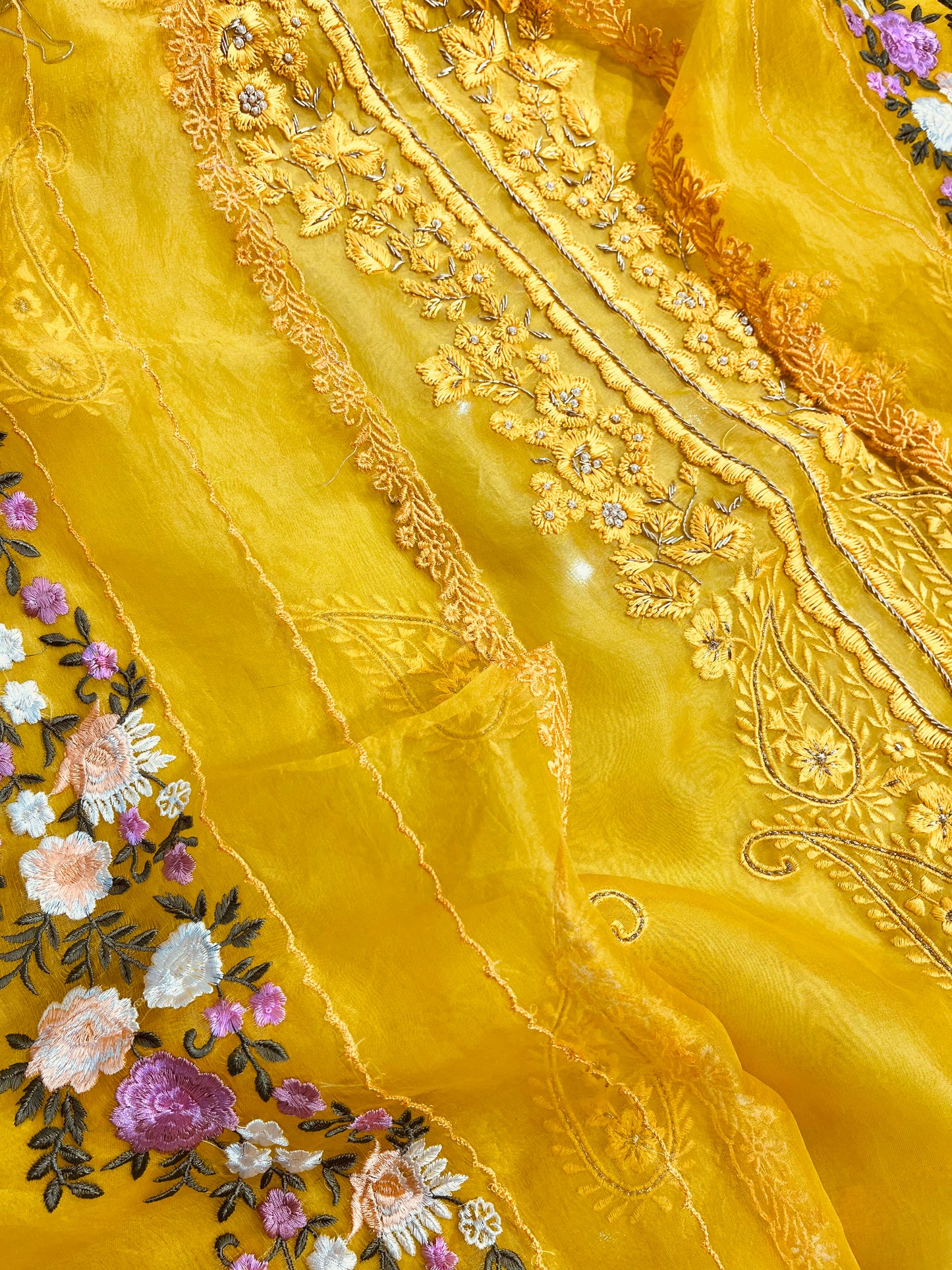 SHEER LUXURY PURE SILK ORGANZA Suit Hand Zardozi Embroidery /PARSI Dupatta SHEER0067 Yellow