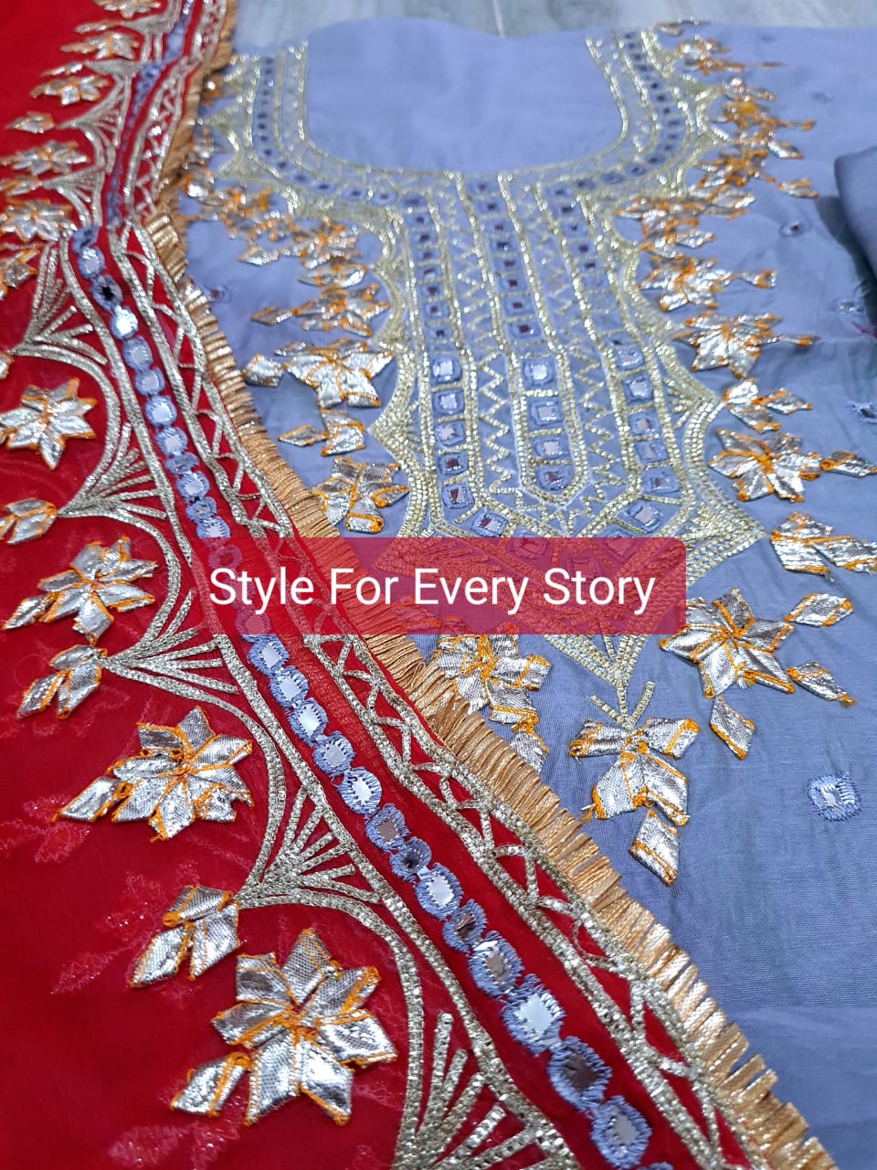 ATHARVA Hand Embroidered Salwar Kameez w/Bottle English Grey n Red Chanderi Shirt/Gota Pati Chiffon Dupatta/Custom Stitch Unstitch/Custom Anarkali/CH18012