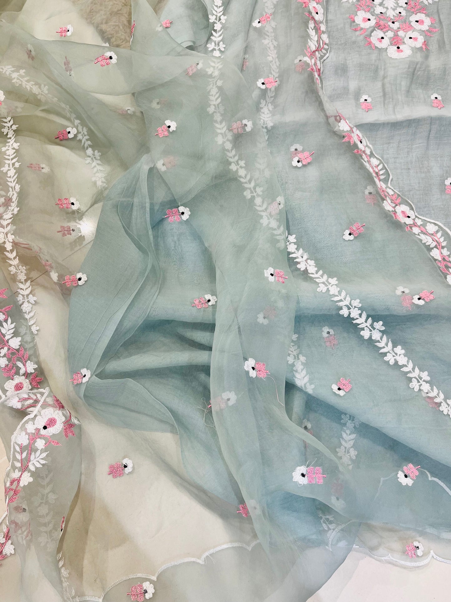 PURE MUL CHANDERI Kurta Silk Organza Dupatta Kashmiri Embroidered SUIT MCH0016 Mint