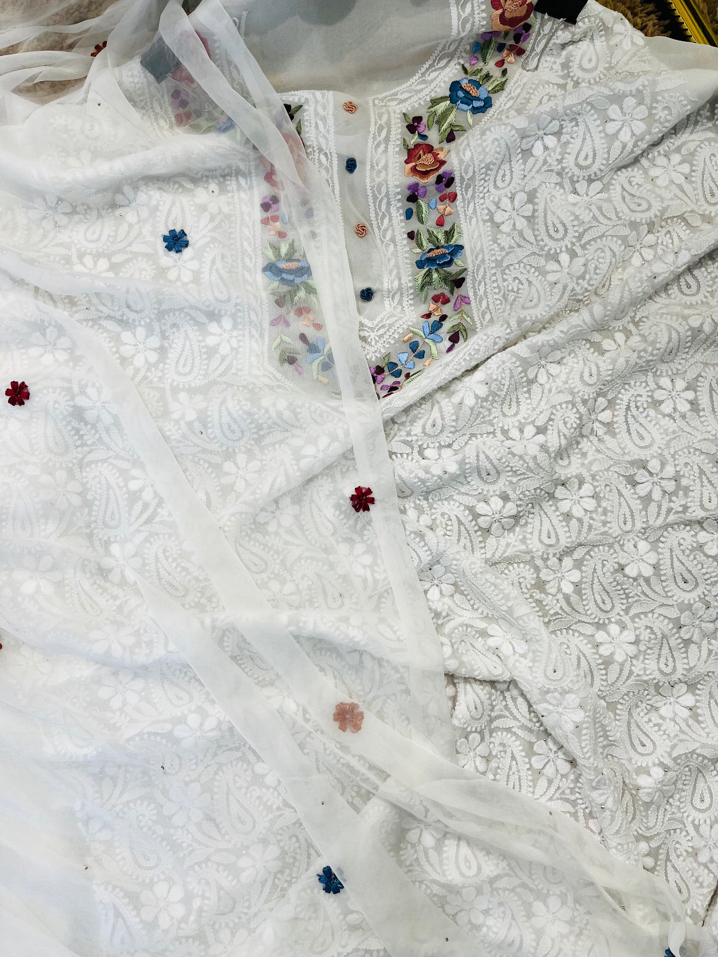 Ivory Chikankari & Kamdani Multicolour Neckline Suit CHG006