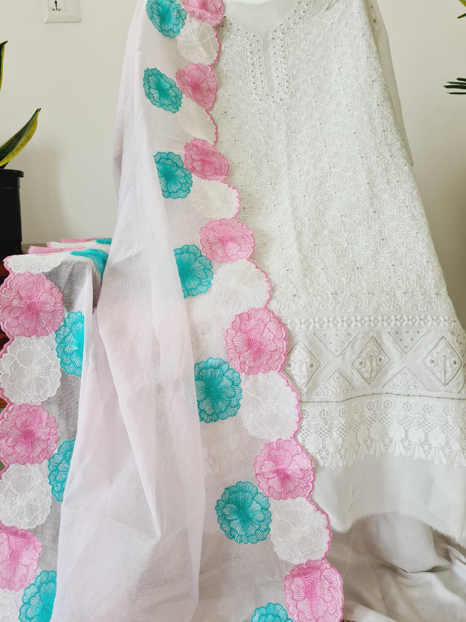 Atharva Embroidered Cotton Kota Salwar Kameez/Embroidery Kota Dupatta /Cotton Embroidery Shirt/Cotton Bottom- CK009 white and pink