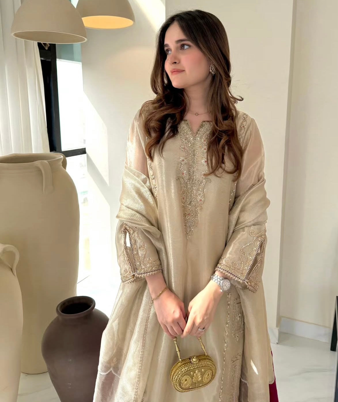 Pure Handwoven 80g Tissue Silk Pakistani Suit – Water Gold Elegance (Custom Stitched & Unstitched)