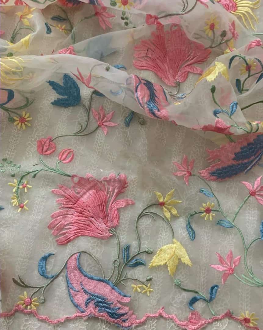 PURE CHANDERI Silk 70 Grams kurta /Pure Silk Organza Dupatta PARSI GARA UNSTITCHED SUIT CH54230