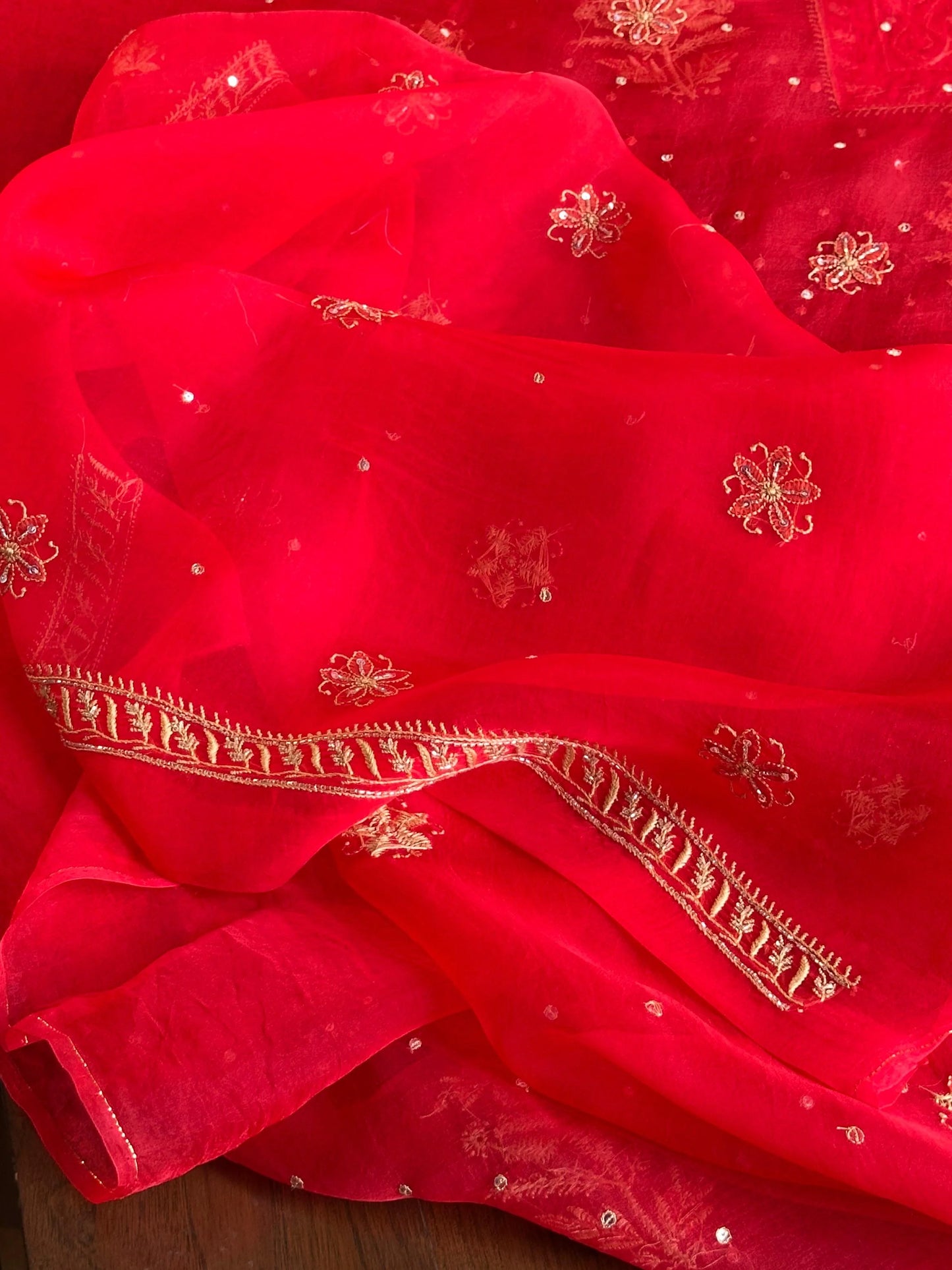 Atharva Heritage Red Noor Organza Silk Chikankari Unstitched Kurta Dupatta Set SL89000646