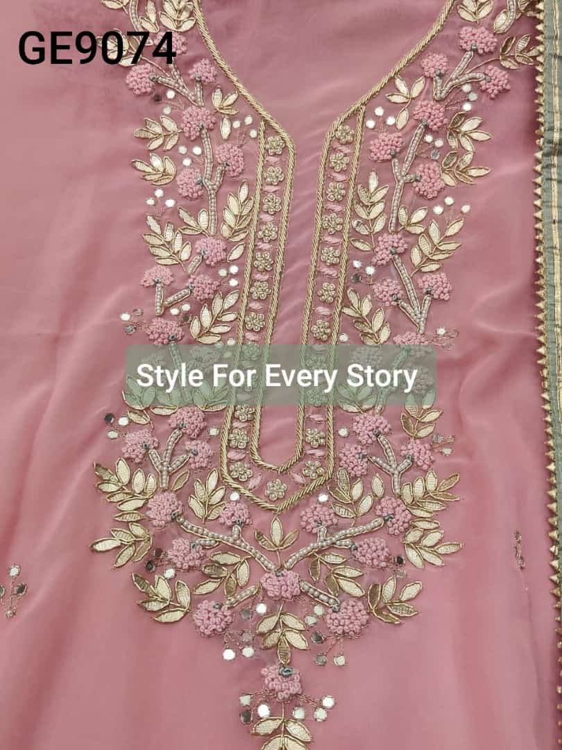 ATHARVA Hand Embroidered Salwar Kameez w/ Pink Georgette Shirt/Gota Pati Georgette Pistachio Color Dupatta/Custom Stitch Unstitch/Custom Anarkali/GE9074 Pink n pistachio