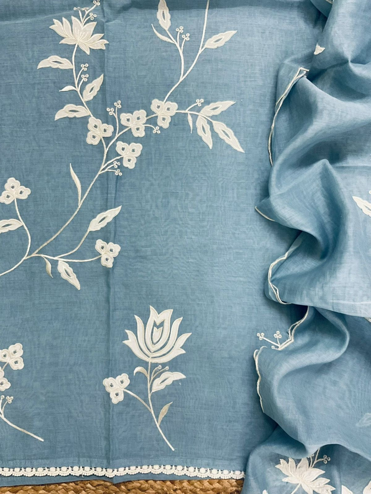 Atharva Heritage/Pure Mul Chanderi Shirt & Dupatta/ Hand Applique /Cotton Silk Bottom/CUT80375 English Blue