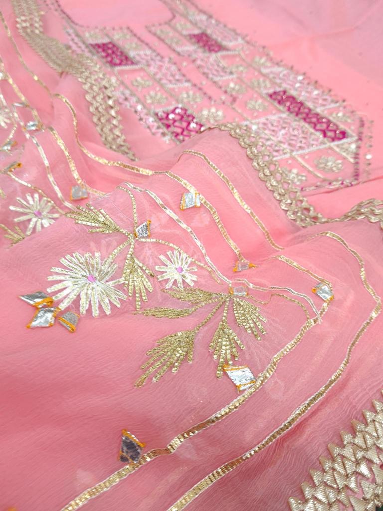 ATHARVA Hand Embroidered Salwar Kameez w/ Mint Chanderi Shirt/Gota Pati Chiffon Dupatta/Custom Stitch Unstitch/Custom Anarkali/CH18018 Pink