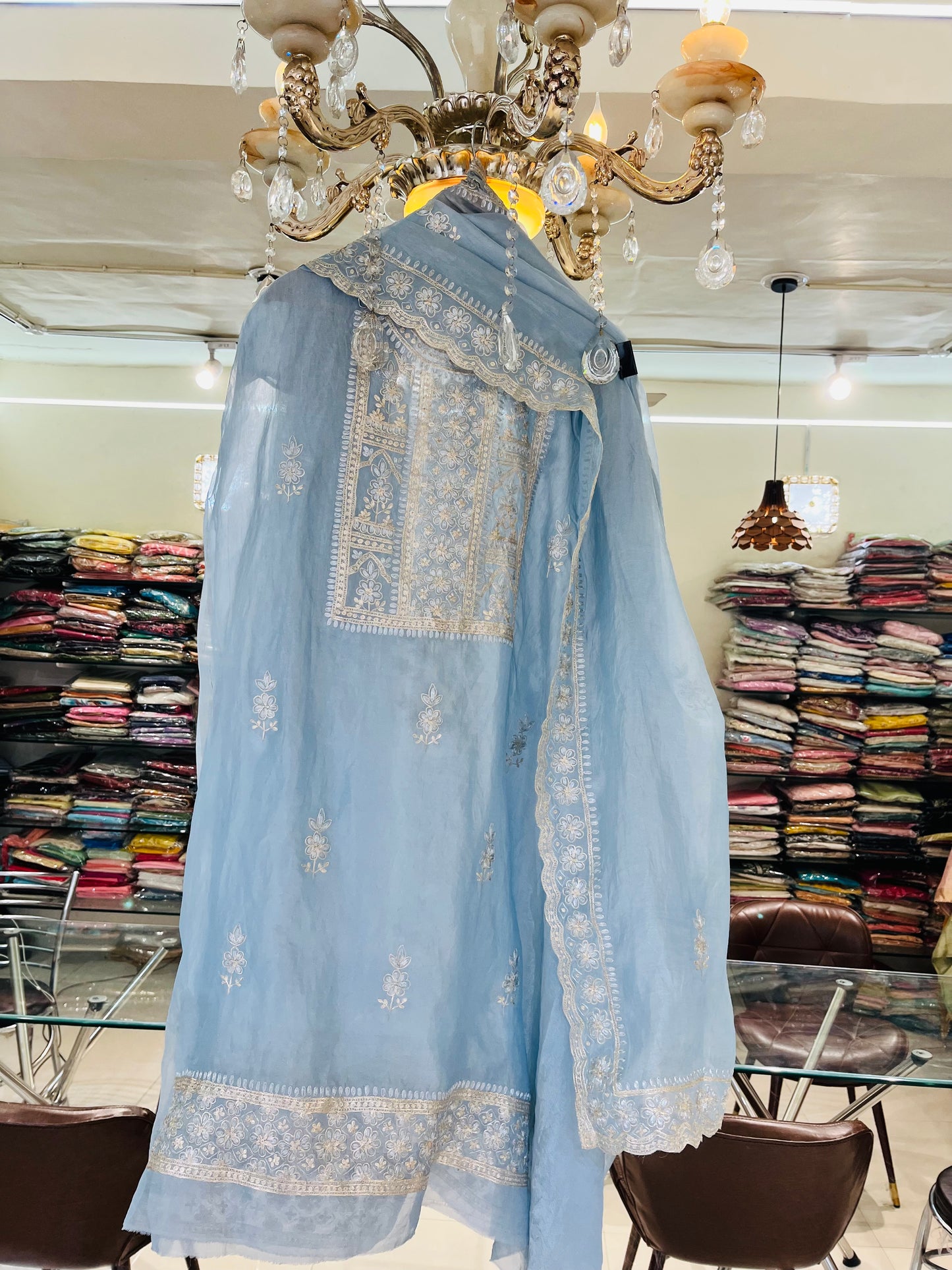 Husn ICE BLUE Handwoven TISSUE INTRICATELY HAND WOVEN /MAHARANI LUXURY TISSUE SILK SUIT MTC0025(Blue)