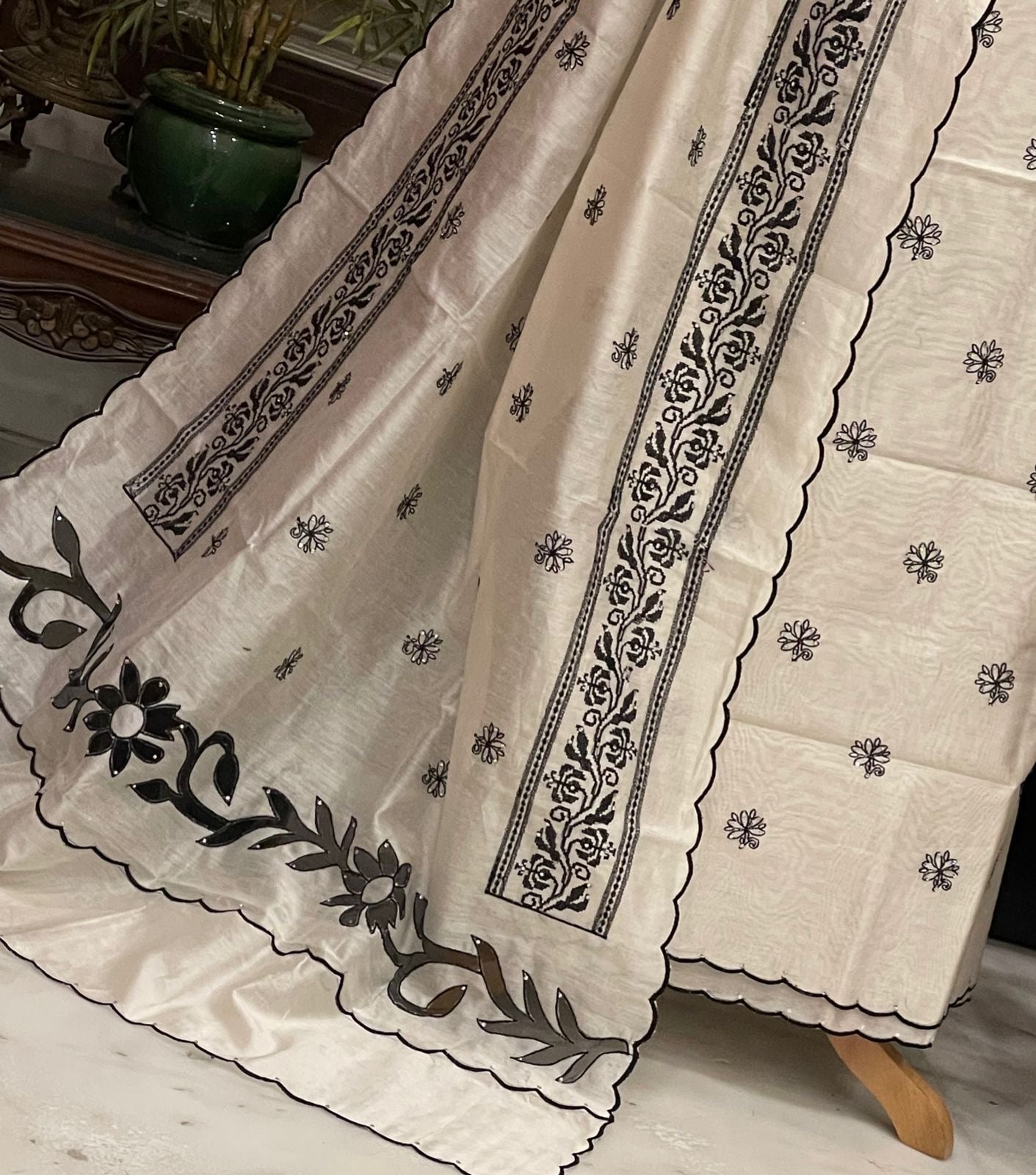 PURE CHANDER SILK PARSI GARA SUIT with Cutwork on width CH5418 Black and white