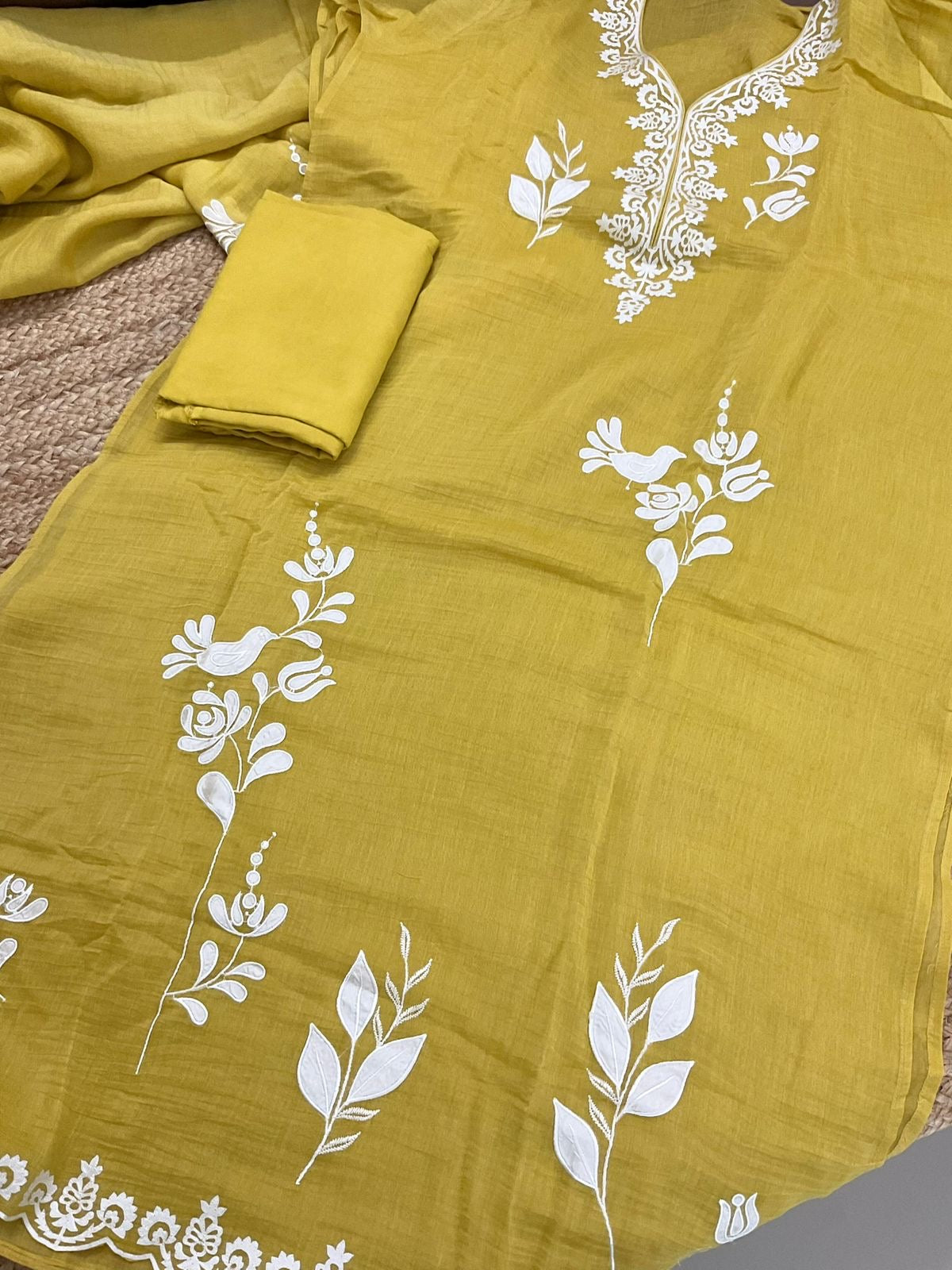Atharva Heritage/Pure Mul Chanderi Shirt & Dupatta/French Thread Embroidery With Hand Applique /Cotton Silk Bottom/CUT80369 Yellow