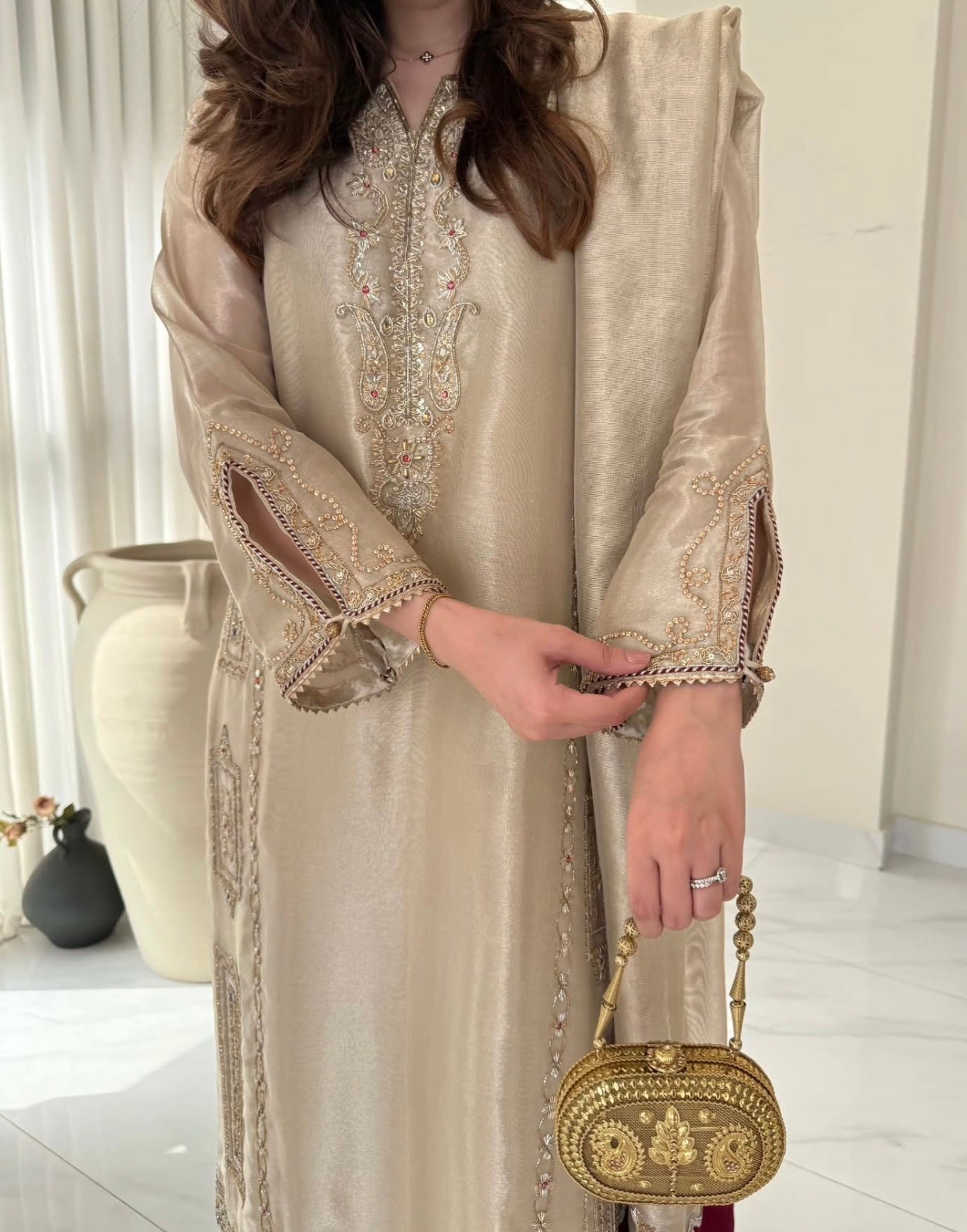 Pure Handwoven 80g Tissue Silk Pakistani Suit – Water Gold Elegance (Custom Stitched & Unstitched)