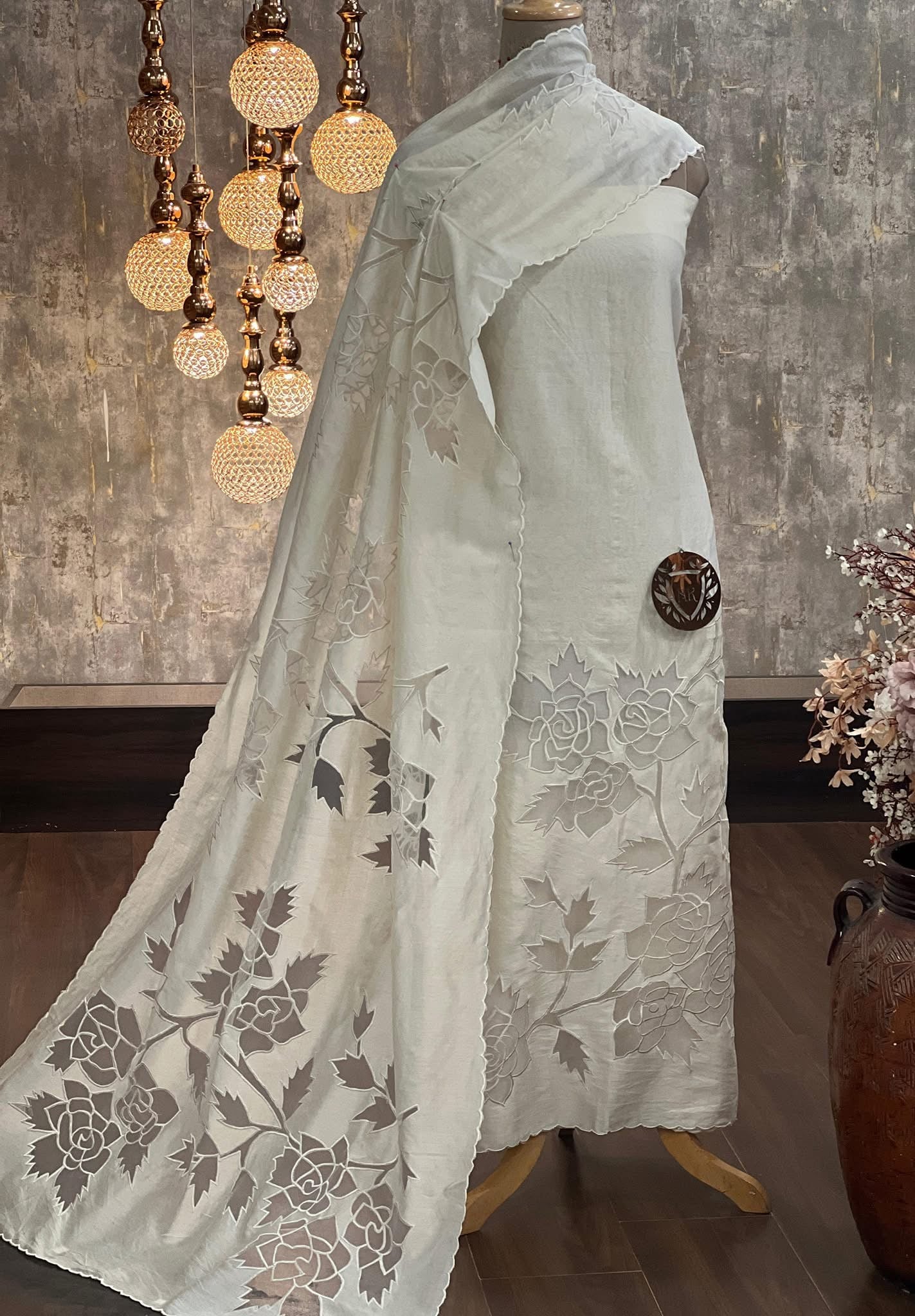 ATHARVA HERITAGE Hand CUTWORK Embroidery Salwar Kameez/Pure Mul Chanderi Cut-Work Shirt & Dupatta/Santoon Bottom/Custom Stitch Unstitch/Plazo/Pant/CUT80358 Pearl White