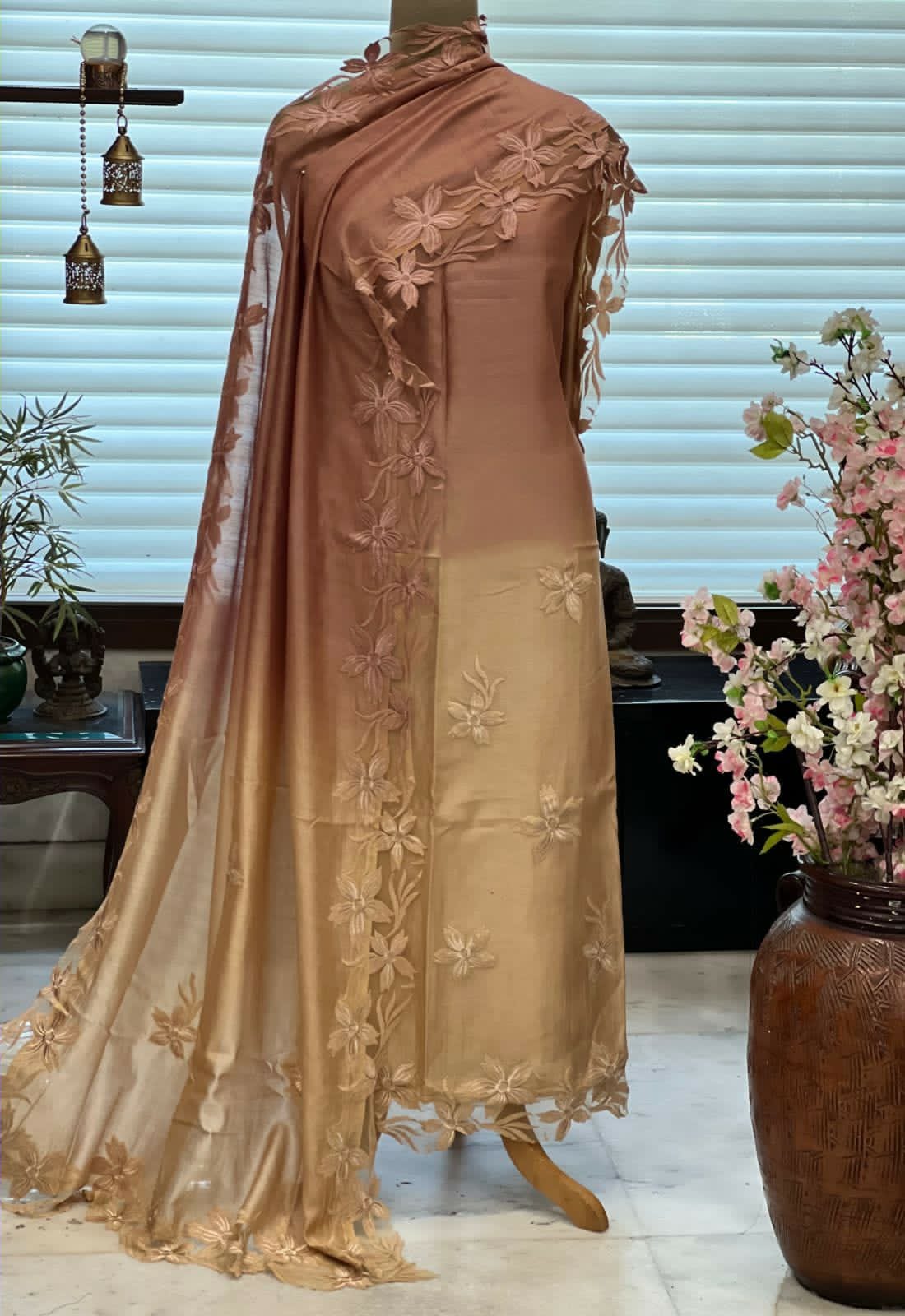 ATHARVA Hand Embroidery Salwar Kameez/Chanderi Appliqué -Work Shirt & Dupatta/Santoon Bottom/Custom Stitch Unstitch/Plazo/Pant/CUT8030