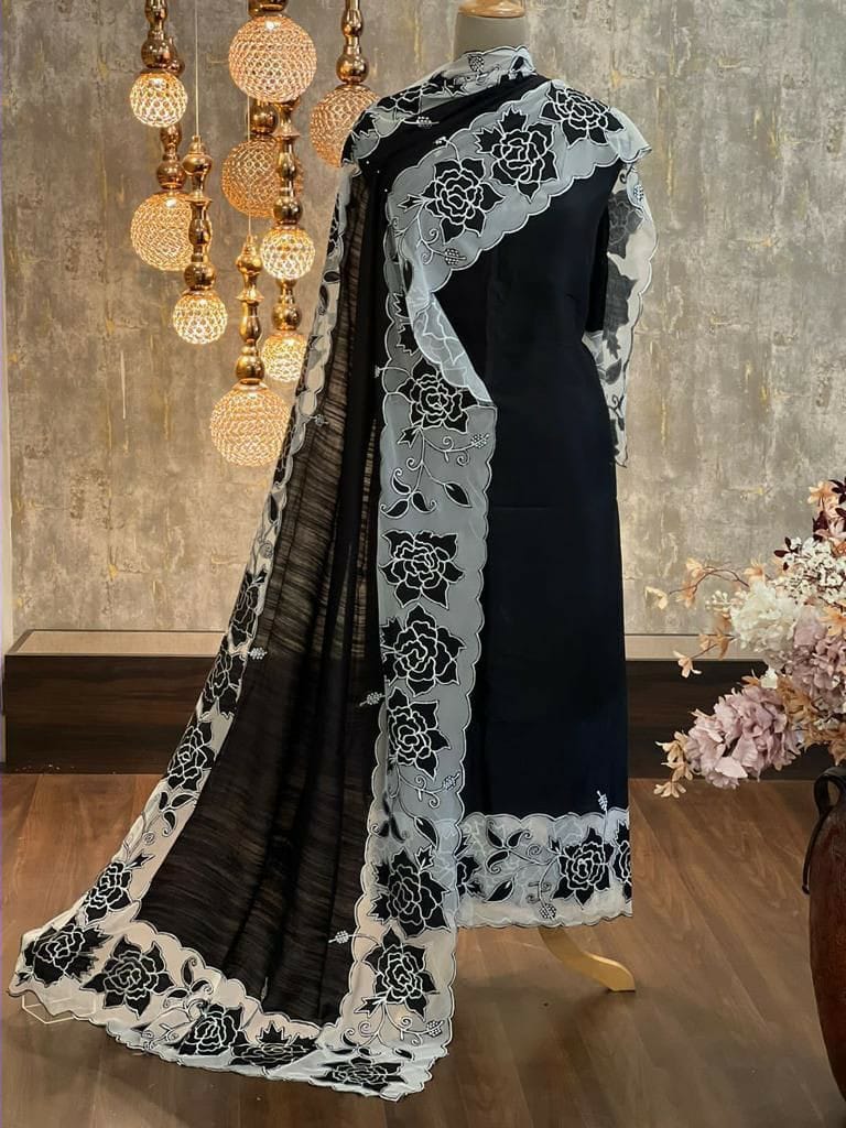 ATHARVA Hand Embroidery Salwar Kameez/Chanderi Cut-Work Shirt & Dupatta/Santoon Bottom/Custom Stitch Unstitch/Plazo/Pant/ CUT8021