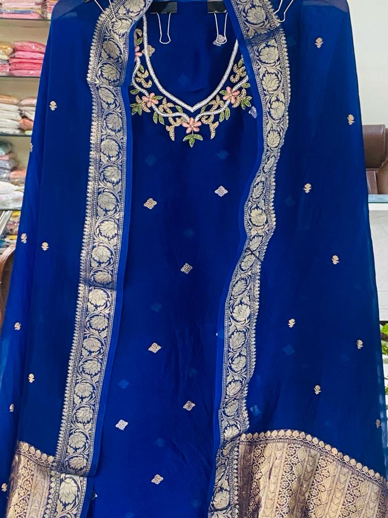 Husn Electric Blue kora silk hand embroidered suit set KS001