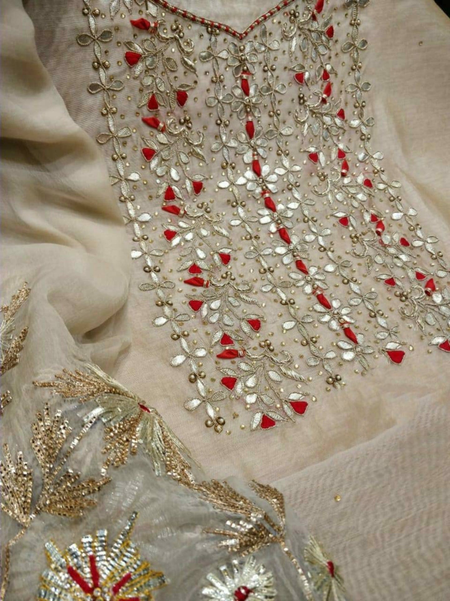 ATHARVA Hand Embroidery Salwar Kameez /Chiffon Dupatta With Stunning Gota & Trim/Custom Stitch Unstitch/Gift/Patiala/Anarkali/Churridar/CH17320 Beige