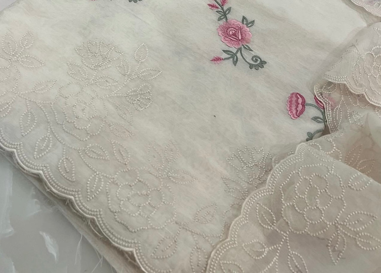 PURE CHANDER SILK 70 Grams Parsi Embroidered SUIT CH542877 Ivory n Pink