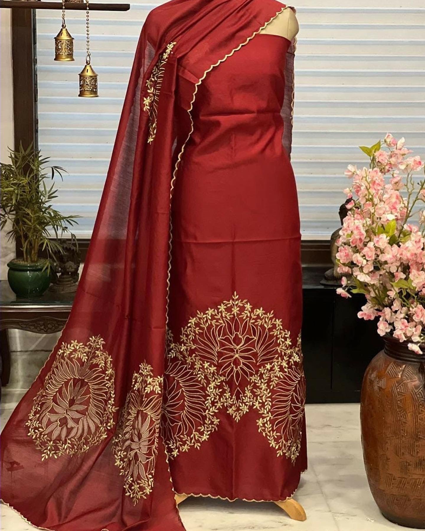 ATHARVA HERITAGE Hand CUTWORK Embroidery Salwar Kameez/Chanderi Cut-Work Shirt & Dupatta/Santoon Bottom/Custom Stitch Unstitch/Plazo/Pant/CUT80344