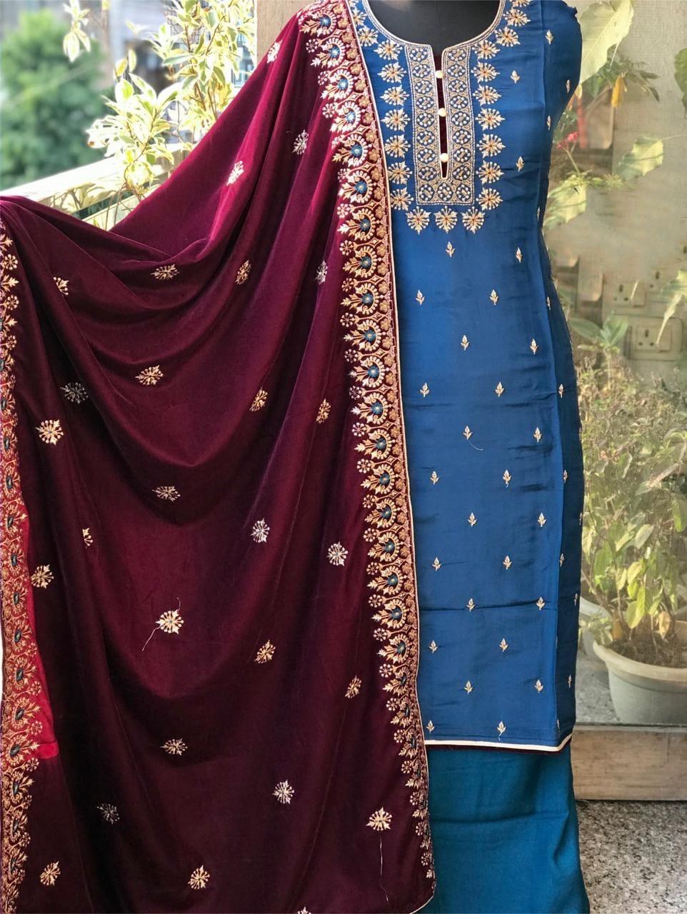 Atharva Heritage/Kashmiri Embroidered The Winter silk kurta with Velvet dupatta 2024 Edits EM1035