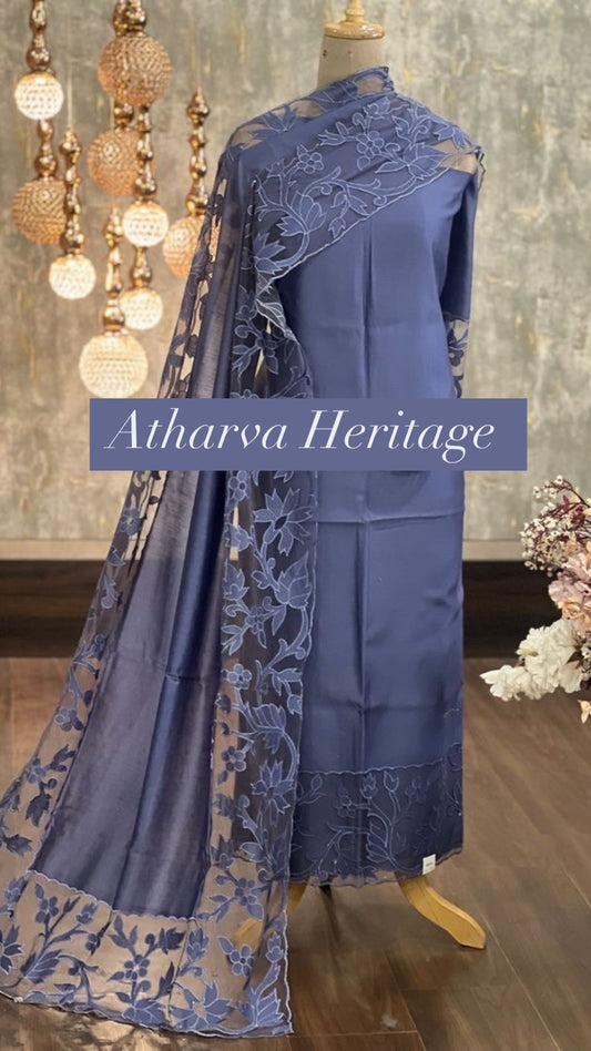 ATHARVA Applique Embroidery Salwar Kameez/Chanderi Cut-Work Shirt & Dupatta/Santoon Bottom/Custom Stitch Unstitch/Plazo/Pant/CUT8133