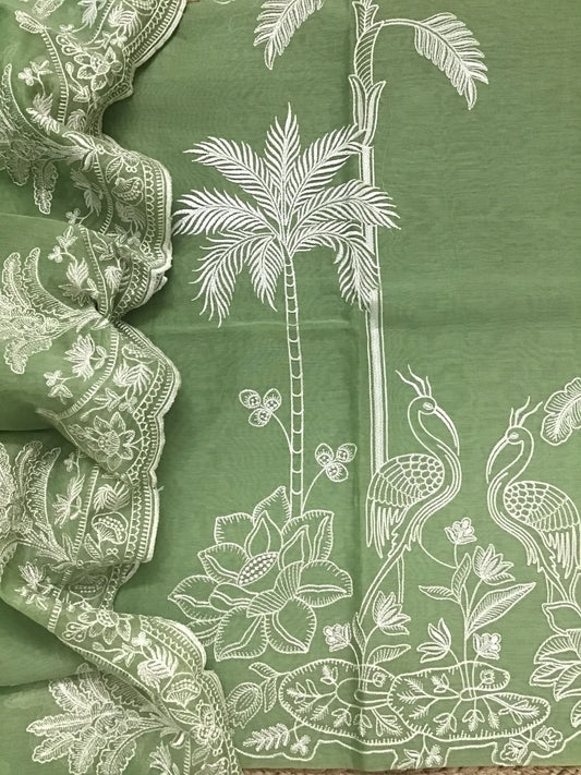 PURE MUL CHANDERI  kurta AND Dupatta PARSI GARA UNSTITCHED SUIT CH54237G Green