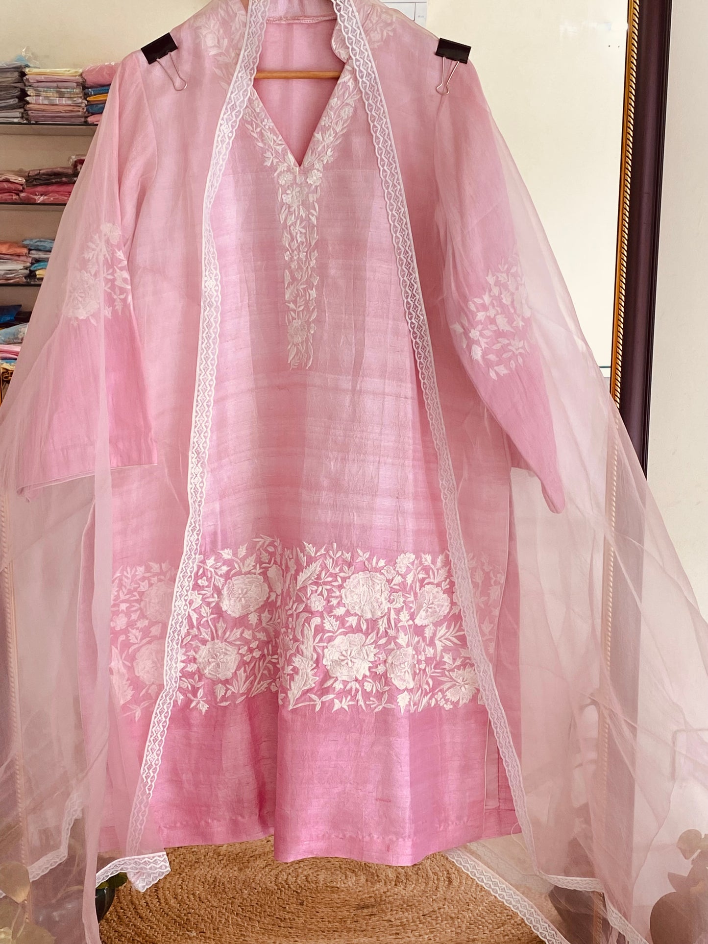 Atharva Heritage/HAND EMBROIDERED PARSI GARA PURE CHANDERI SILK 70 GRAMS Indian  suit PRP001