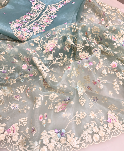 Atharva Heritage Sheer Luxury /Pure Silk Organza PARSI GARA Front and back SUIT Powder Blue SLO651