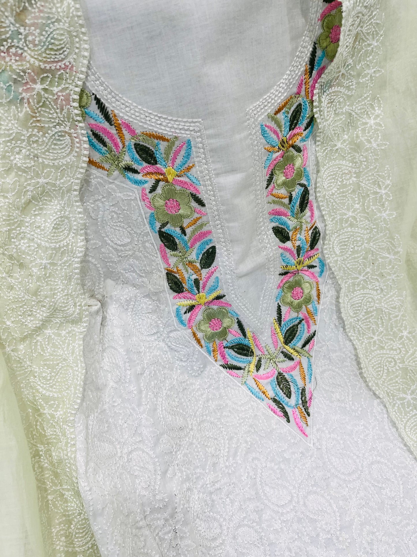 Atharva Embroidered Mulmul Cotton Salwar Kameez/Chikankari Embroidered Mul Cotton Dupatta Mint Green /Cotton Embroidery Shirt White Chikankari/Cotton  Bottom- MCK006(B)