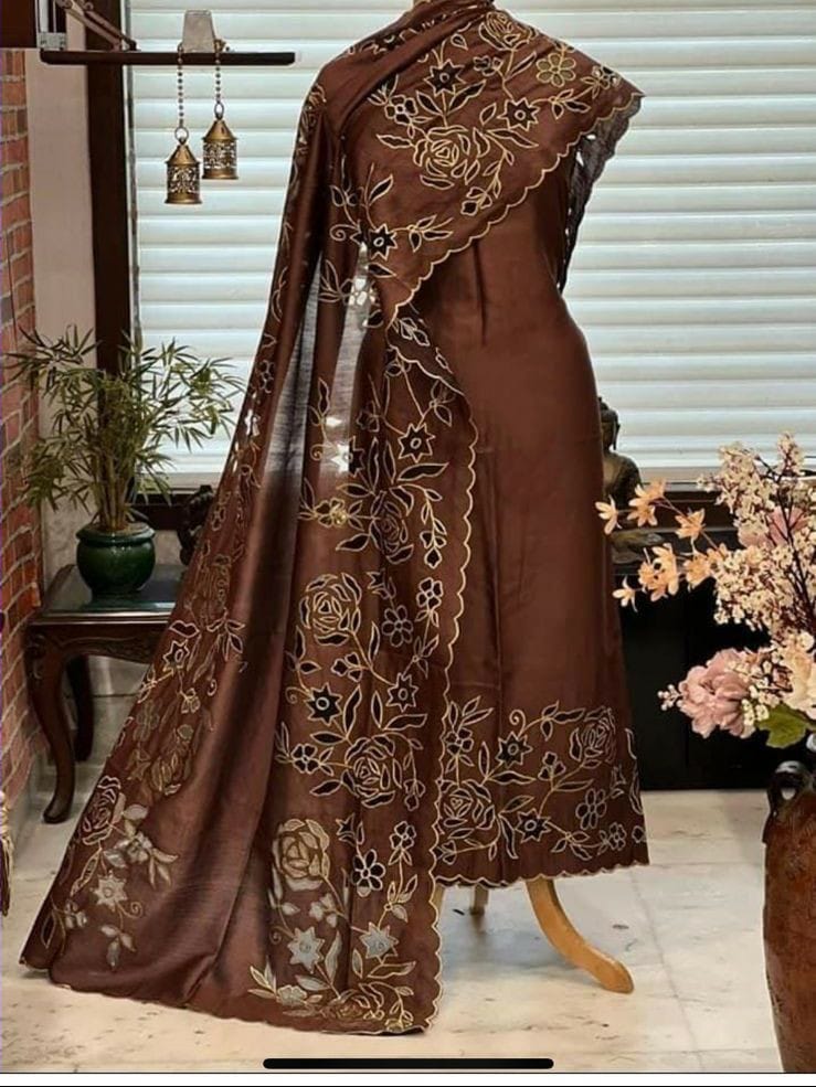 ATHARVA HERITAGE Hand CUTWORK Embroidery Salwar Kameez/Pure Mul Chanderi Cut-Work Shirt & Dupatta/Santoon Bottom/Custom Stitch Unstitch/Plazo/Pant/CUT80360 BROWN