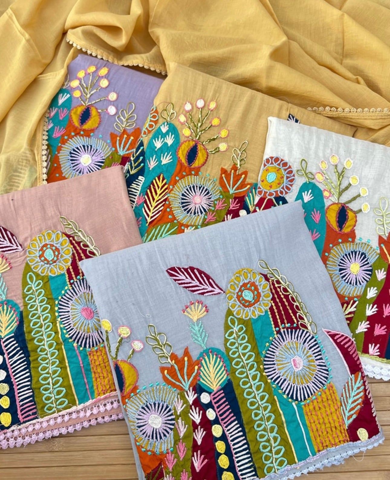 ATHARVA Hand Applique /Cutwork  Embroidery Salwar Kameez/pure Mul Chanderi  Shirt & Dupatta/Santoon Bottom/Custom Stitch Unstitch/Plazo/Pant/ CUT8068