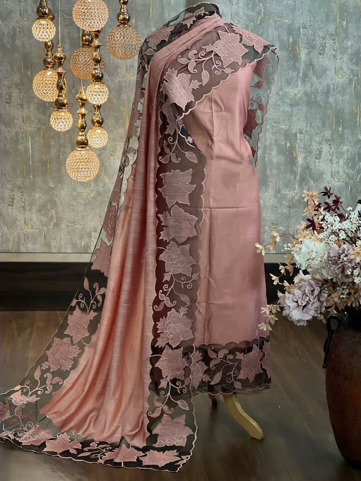 ATHARVA Hand Applique /Cutwork  Embroidery Salwar Kameez/pure Mul Chanderi  Shirt & Dupatta/Santoon Bottom/Custom Stitch Unstitch/Plazo/Pant/ CUT8048 Light Coffee Color