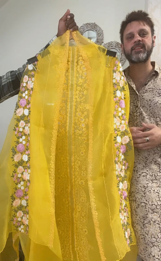 SHEER LUXURY PURE SILK ORGANZA  Suit Hand Zardozi Embroidery /PARSI Dupatta  SHEER0067 Yellow