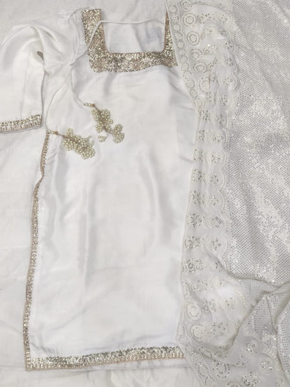 Atharva Heritage Pearl White Hand-Embroidered Raw Silk Pakistani Suit | Custom Stitched up to 9XL PRA001