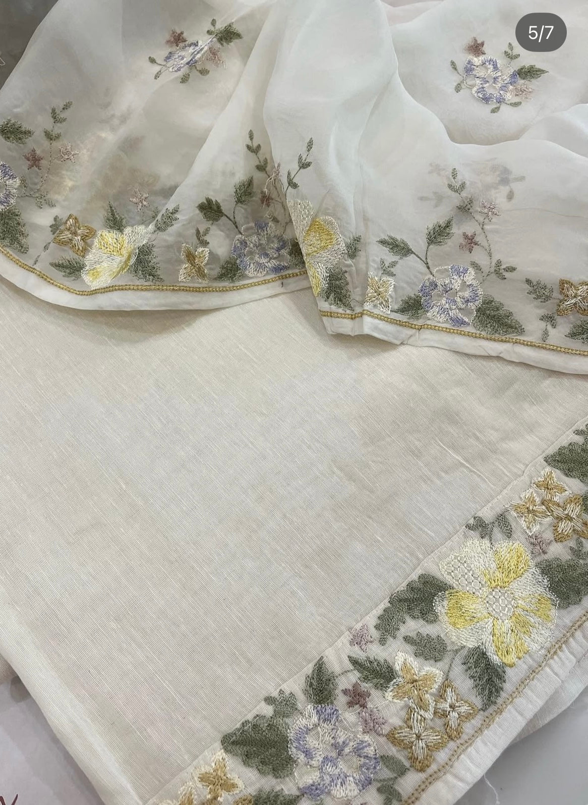 ATHARVA HERITAGE PURE MUL CHANDERI SILK  PARSI GARA SUIT MCH0012 Ivory