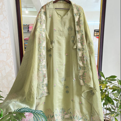 Atharva Frech Thread Pichwai motifs  Embroidered Pure Mul Chanderi Hand woven  edits MC70015PS Pista