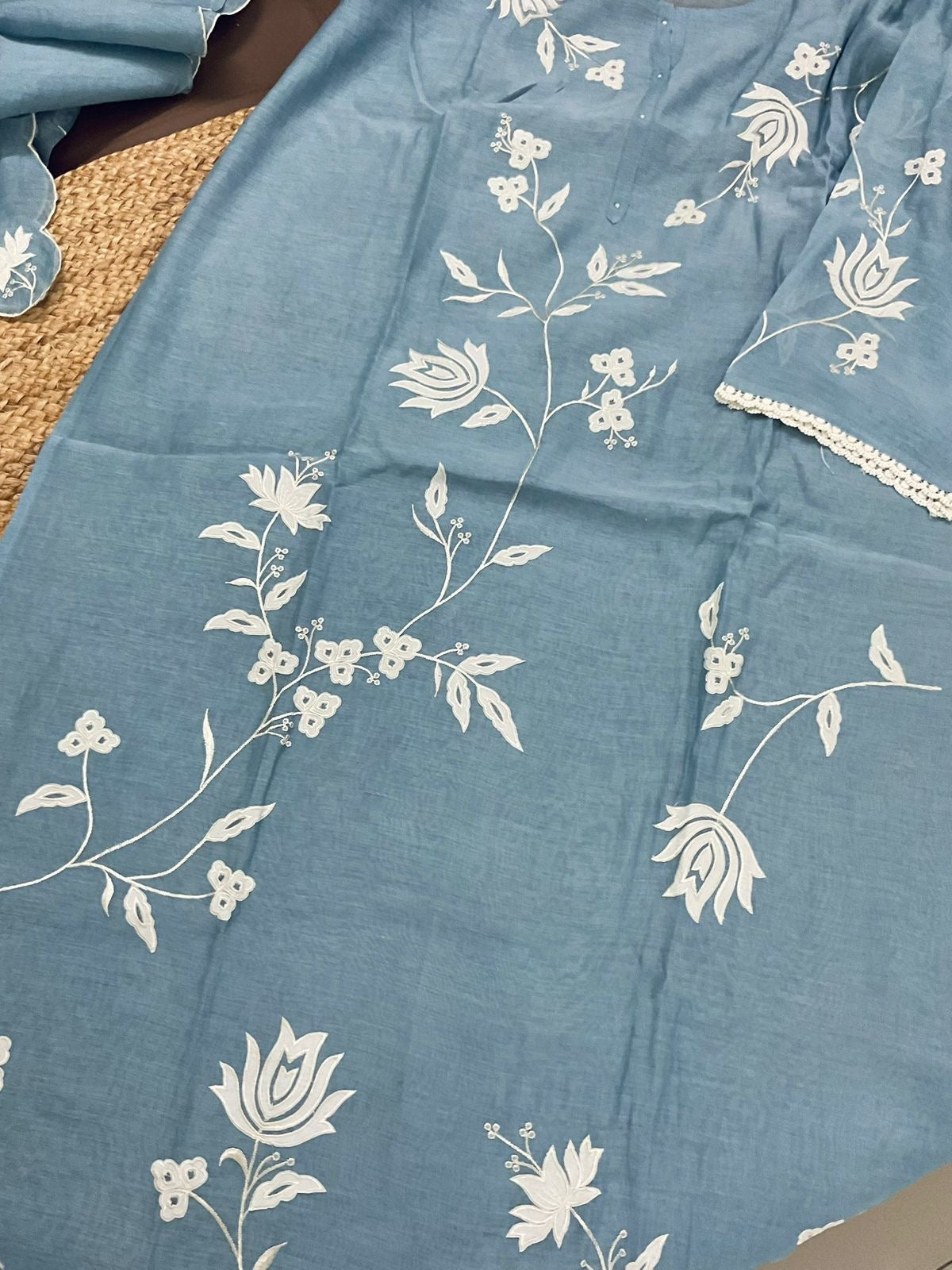 Atharva Heritage/Pure Mul Chanderi Shirt & Dupatta/ Hand Applique /Cotton Silk  Bottom/CUT80375 English Blue