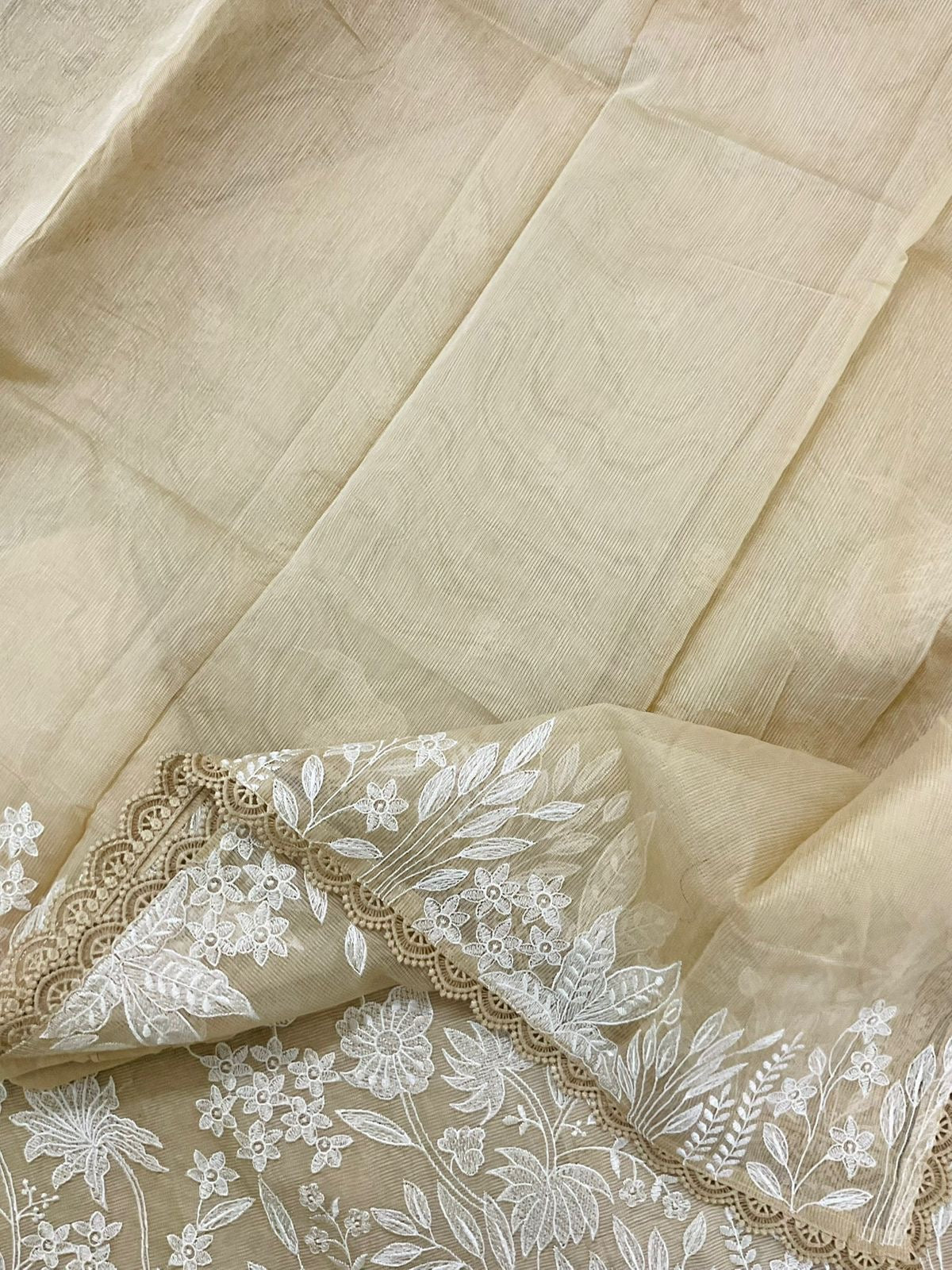 Atharva Heritage PURE STRIPED Mul CHANDER  French THREAD EMBROIDERED SUIT CH5460 Beige