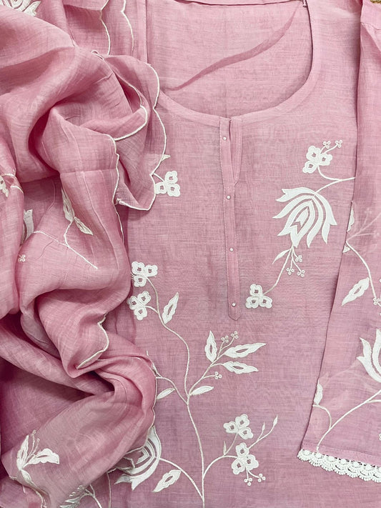 Atharva Heritage/Pure Mul Chanderi Shirt & Dupatta/ Hand Applique /Cotton Silk  Bottom/CUT80372 Dusty Pink