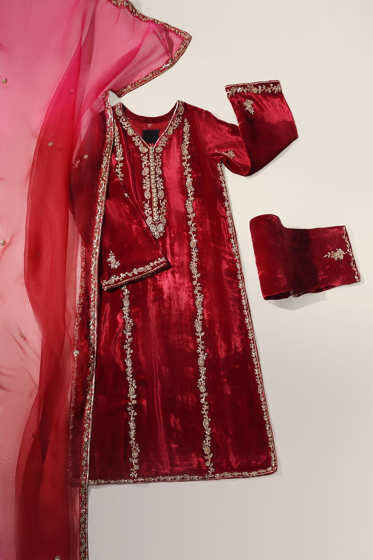 Atharva Heritage Gul-e-Shehnai Royale – Premium Pure Silk Velvet Pakistani Suit with Hand Zardozi Embroidery (Red) | Customizable | Luxury Trousseau Collection RSV165