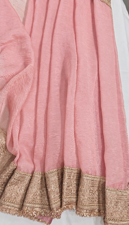 Atharva Heritage “Pure Crushed Tissue Silk Sari with Hand Pita Border & Kiran Lace – Pink