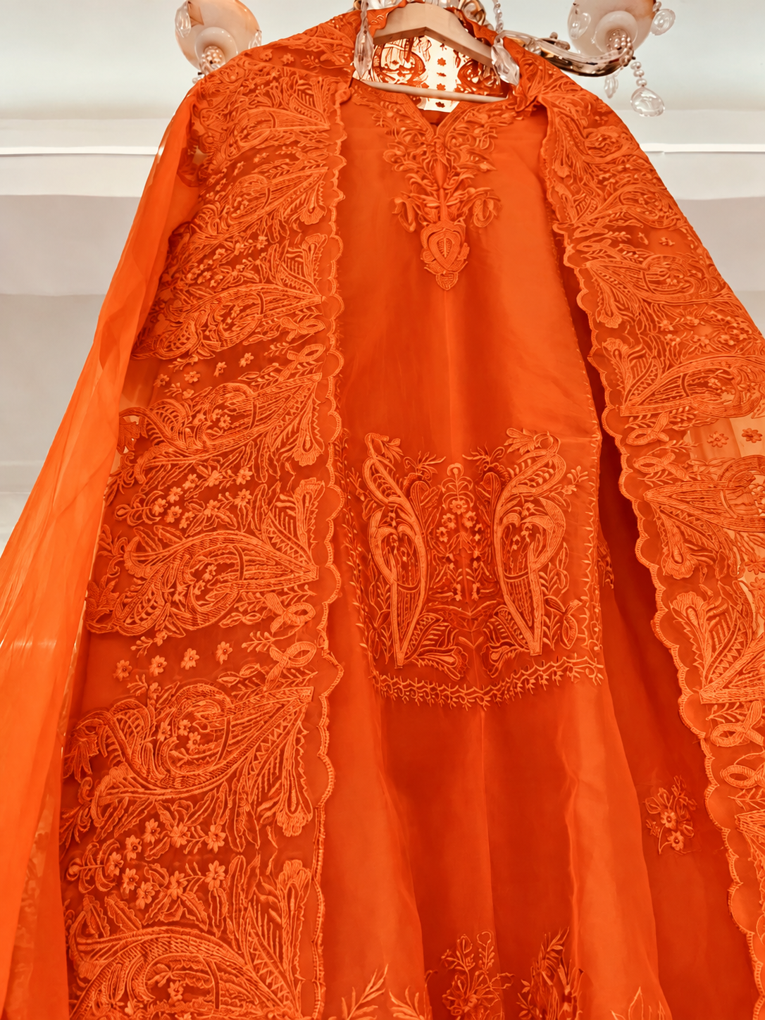 Atharva Heritage Pure Silk Organza Burnt Orange French Thread Monochrome Embroidered unstitched Front and Back  Pakistani Suit SLP001