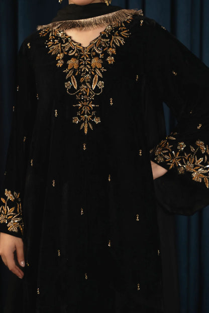 Atharva Heritage Black Pure Silk Velvet Pakistani Suit with Hand Zardozi Embroidery SVHZ7632