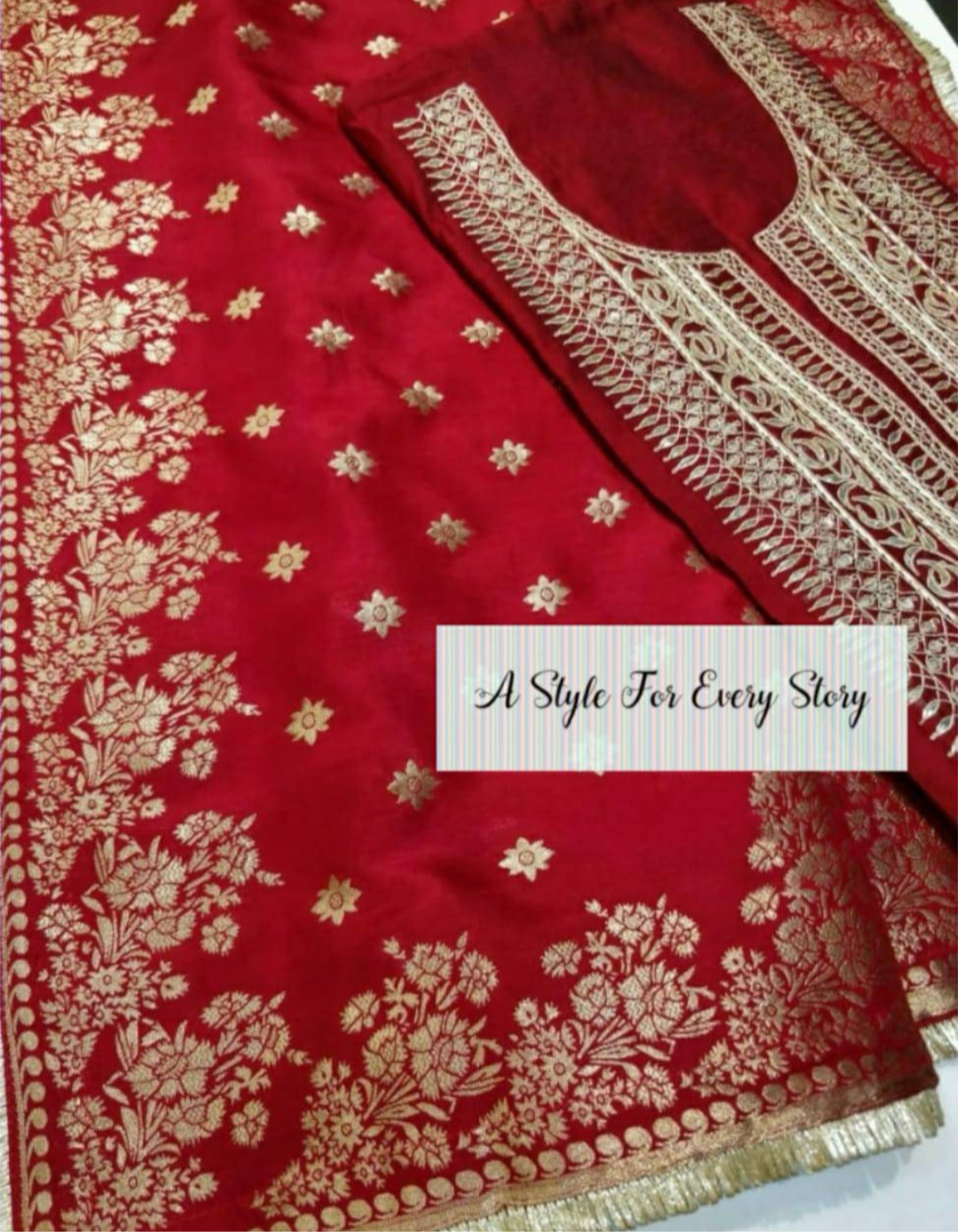 ATHARVA  Hand Embroidered Salwar Kameez w/ Embroidered Neck Reds/Banarsi Silk Dupatta/Bridal/Wedding/Custom Stitch/ CH1278