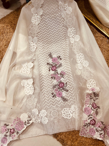 ATHARVA HERITAGE PURE MUL CHANDERI PARSI GARA SUIT MCH0085 IVORY