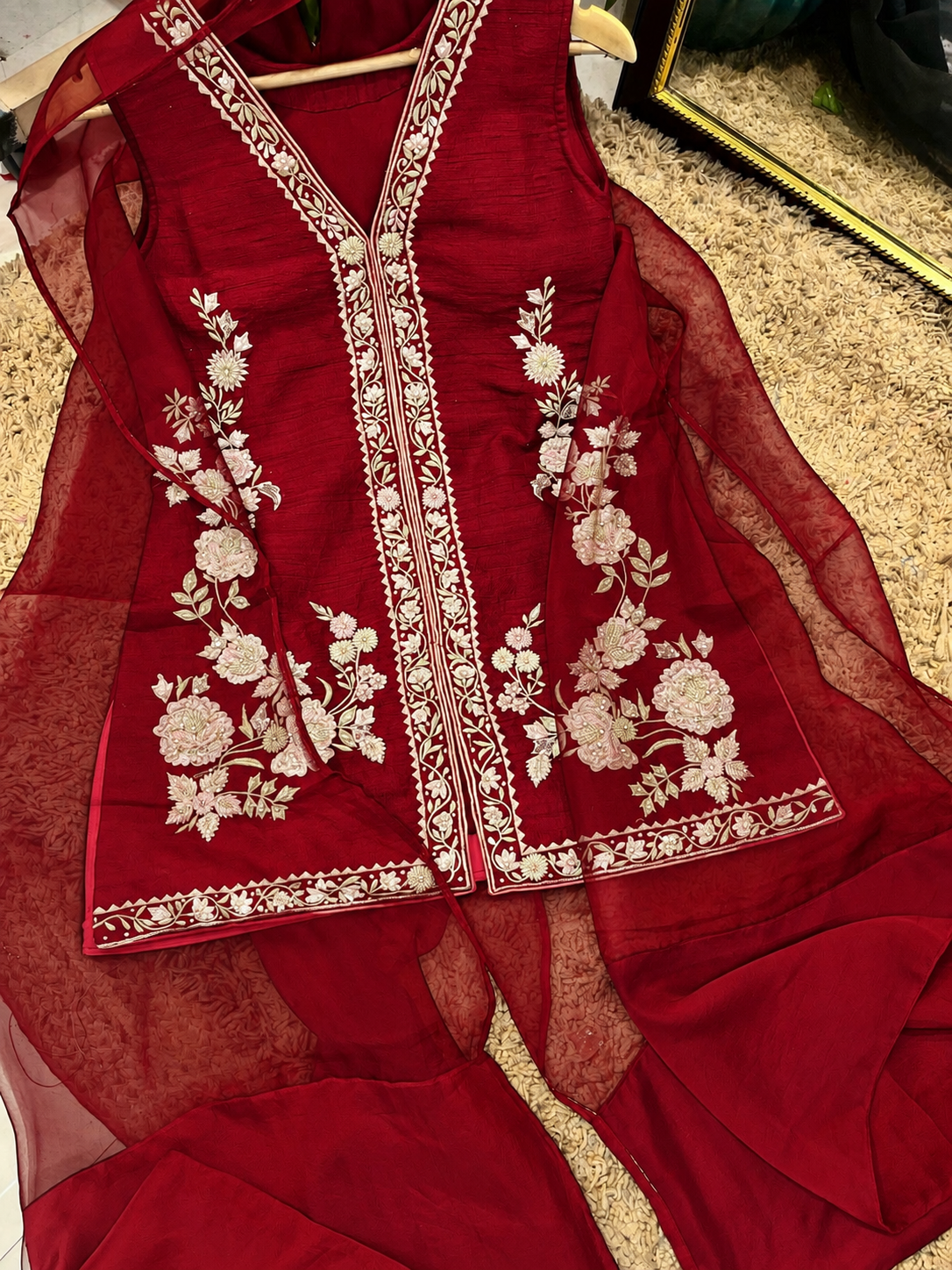 Atharva Heritage Deep Red Pure Raw Silk 100g Hand-Embroidered Jacket Style Farshi Salwar Set FSBRS51
