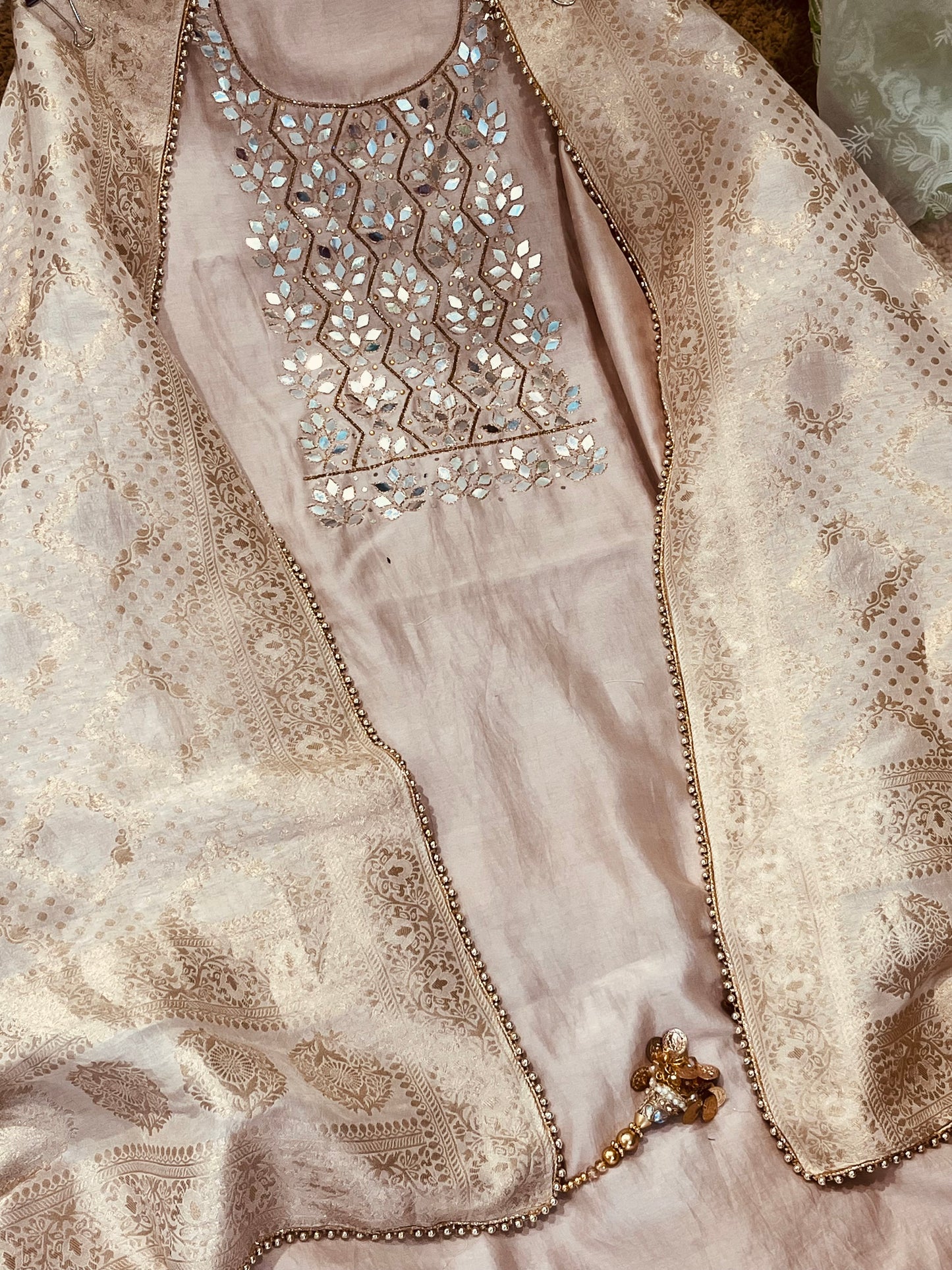 ATHARVA  Hand Embroidered Salwar Kameez w/ Embroidered Neck Beige/Banarsi Silk Dupatta/Bridal/Wedding/Custom Stitch/ CH1295